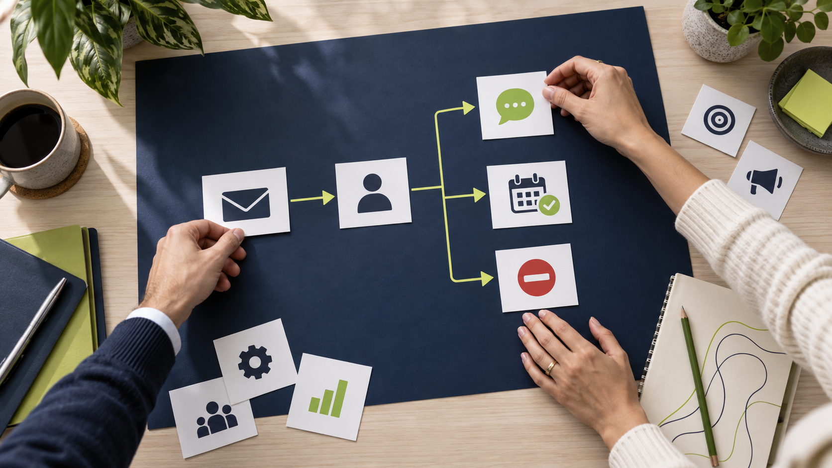 Marketing team arranging enquiry, reply, booking and stop-condition cards on a workflow planning board.