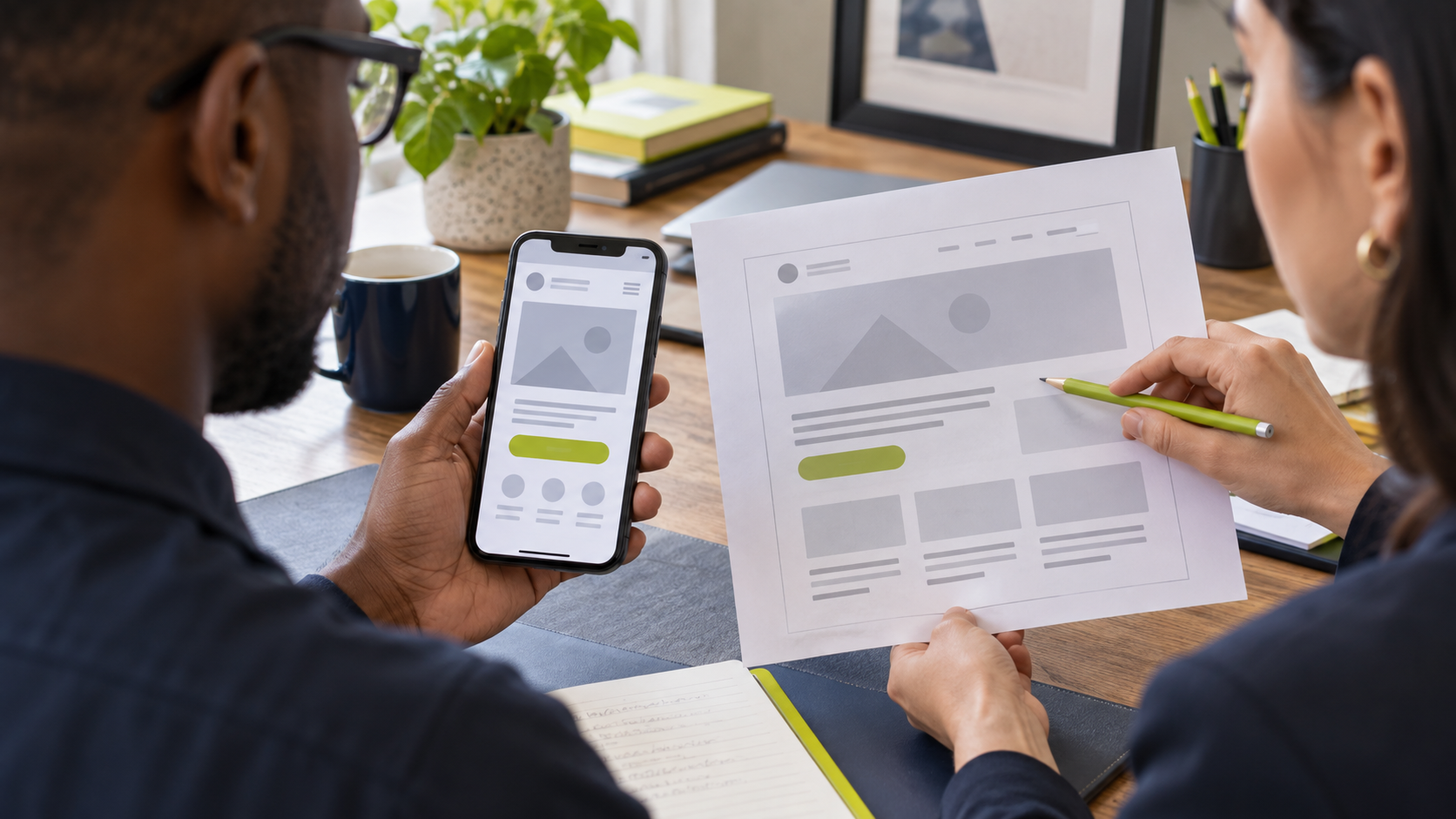 Business owner and designer reviewing a mobile website wireframe beside a larger page layout. Business owner and designer reviewing a mobile website wireframe beside a larger page layout.