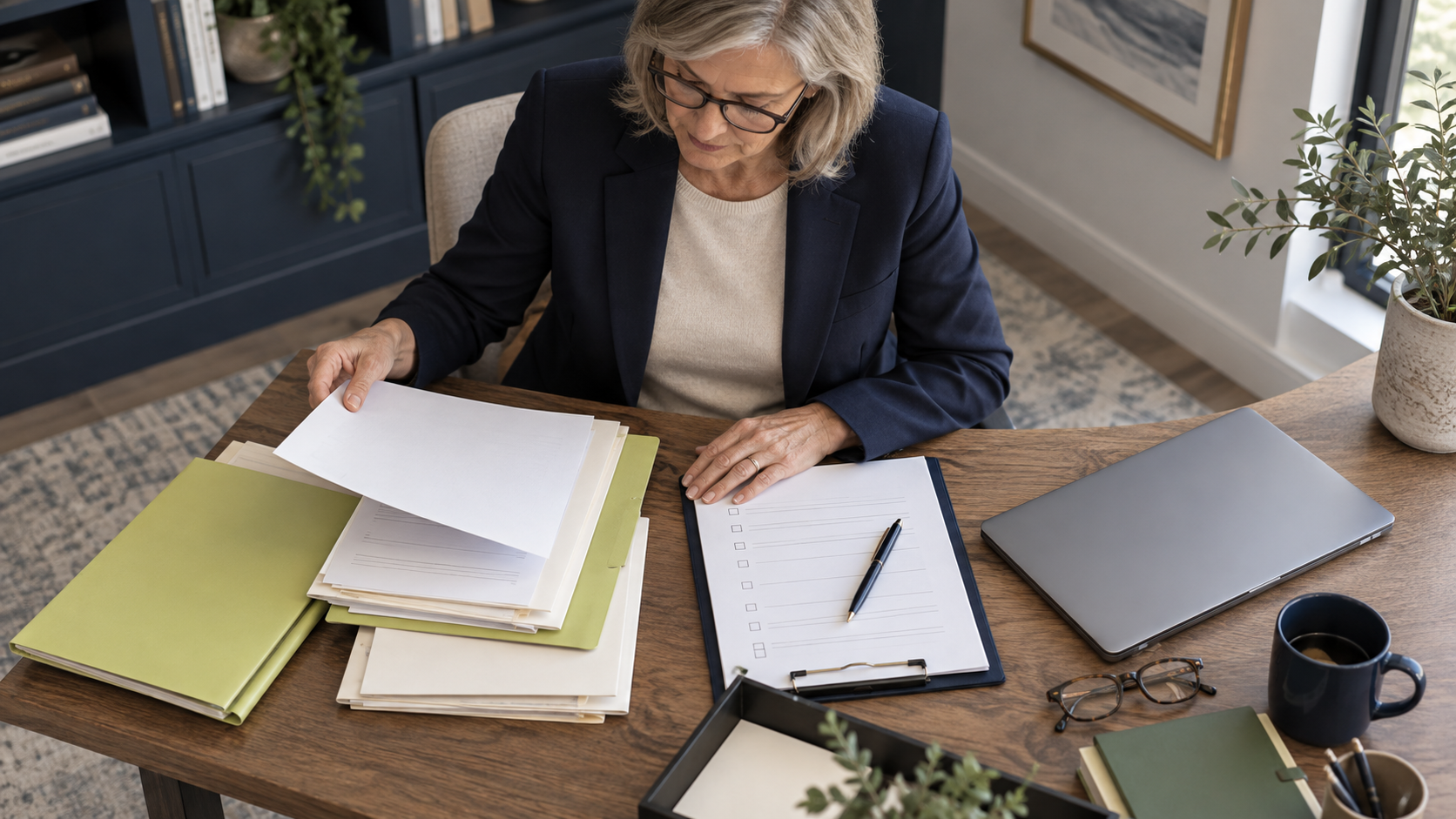 Accounting adviser preparing a client-meeting checklist and organised document folders at a desk.
