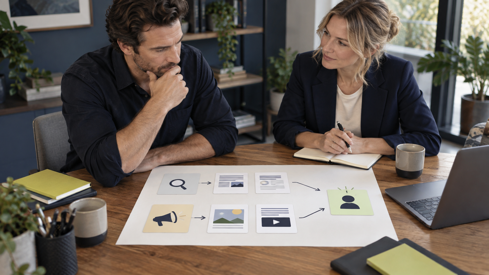 Business team comparing an organic-search route and an advertising route on a planning sheet.