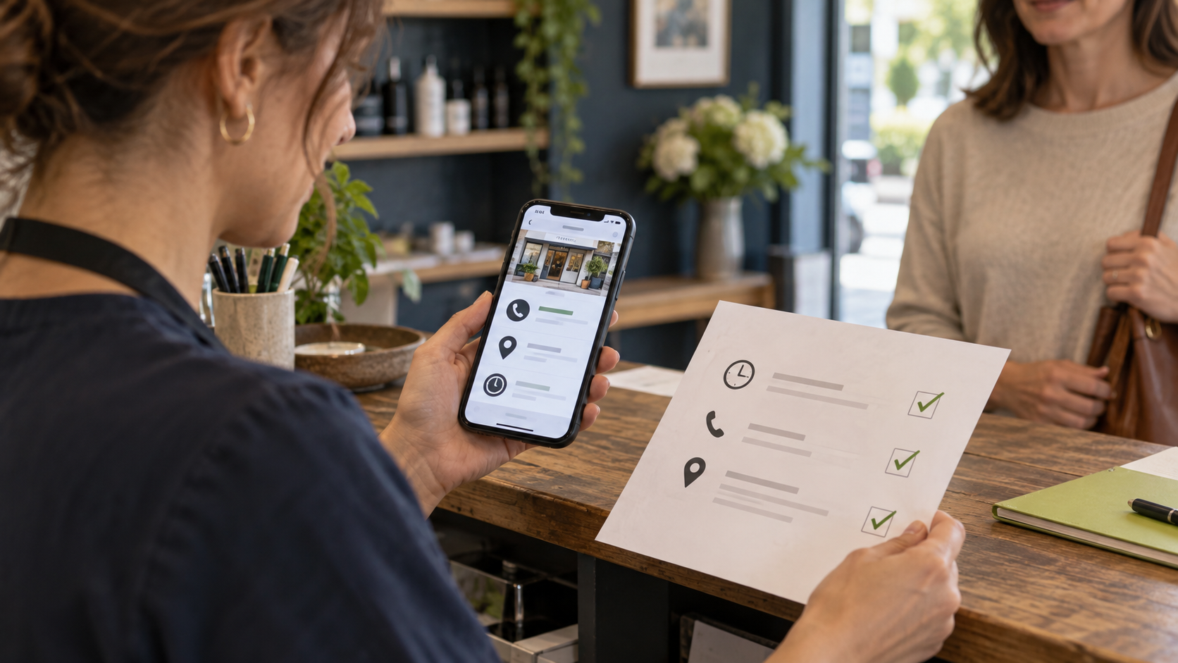 Business owner reviewing opening hours, contact details and a local-profile checklist on a phone and clipboard.