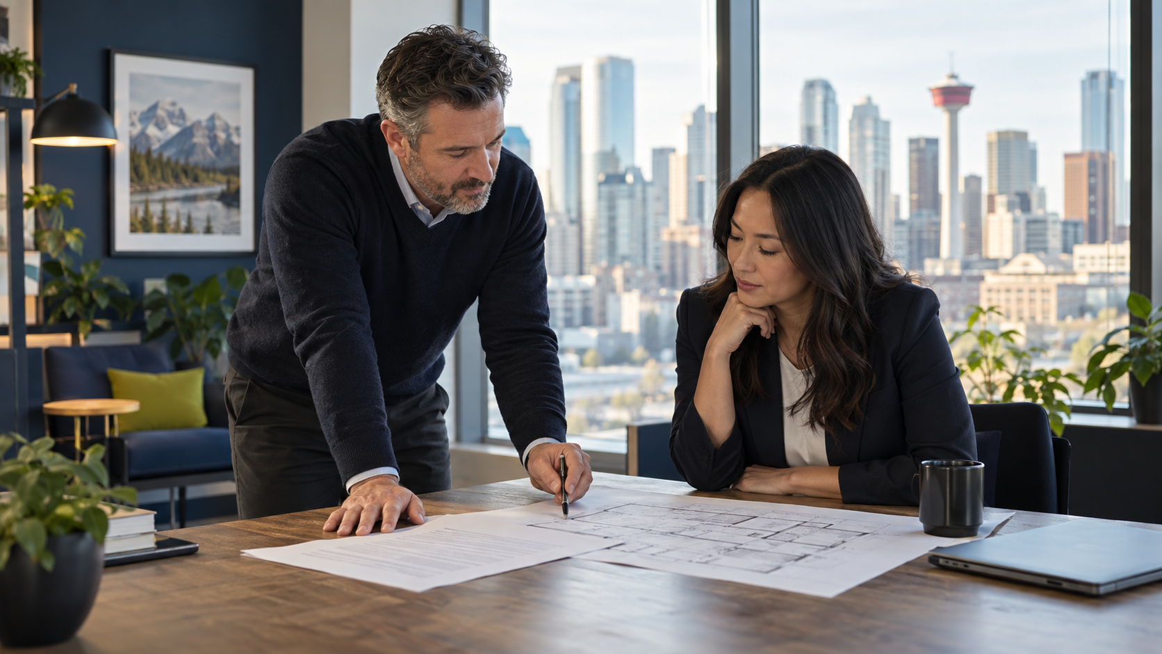 Professionals reviewing a project brief and building drawing in an illustrative office scene.
