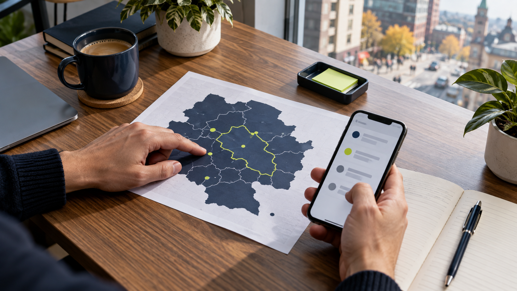 Hands comparing an illustrative service-area diagram with an enquiry on a phone.