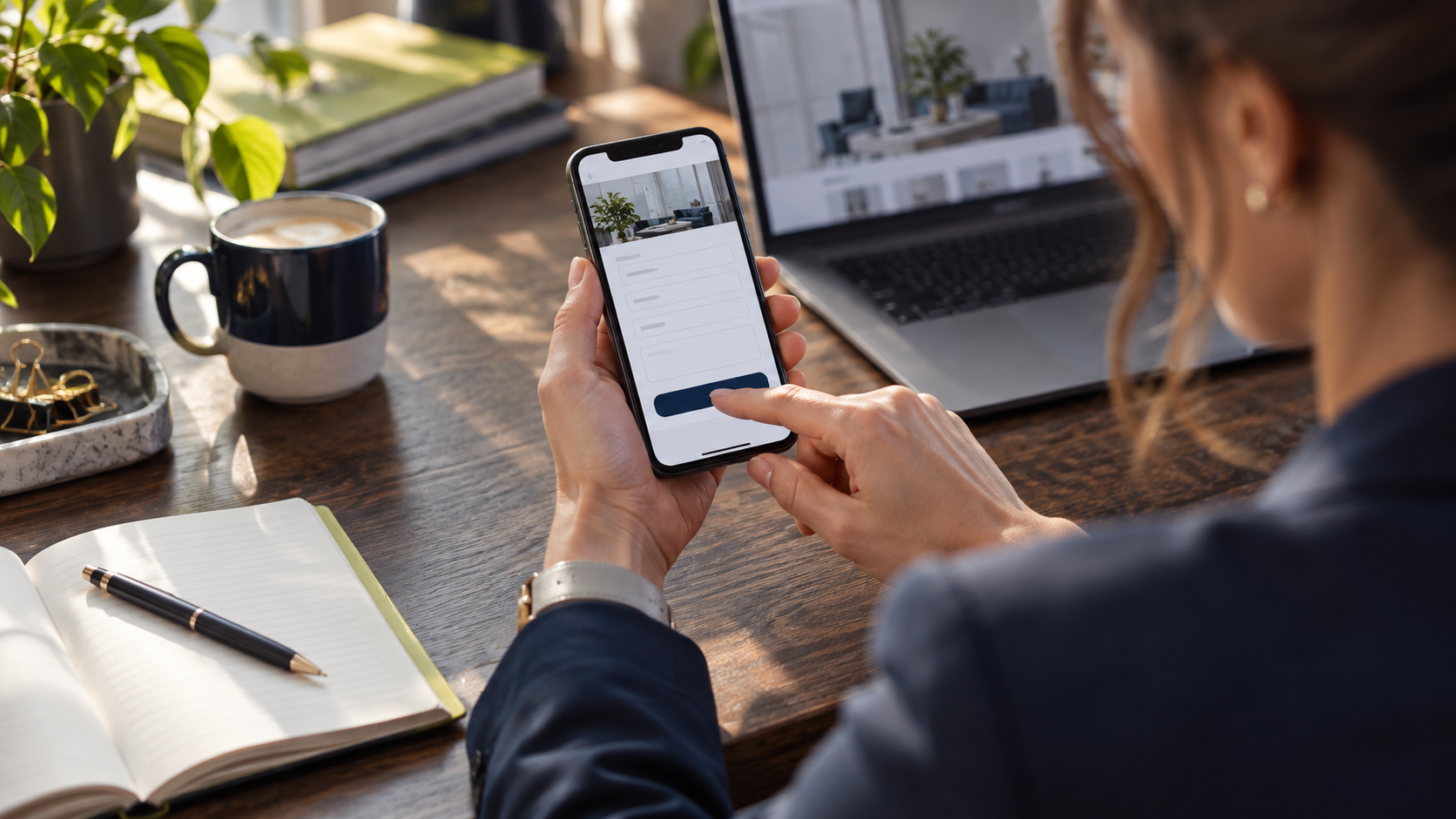 Business owner testing a service enquiry form on a smartphone.