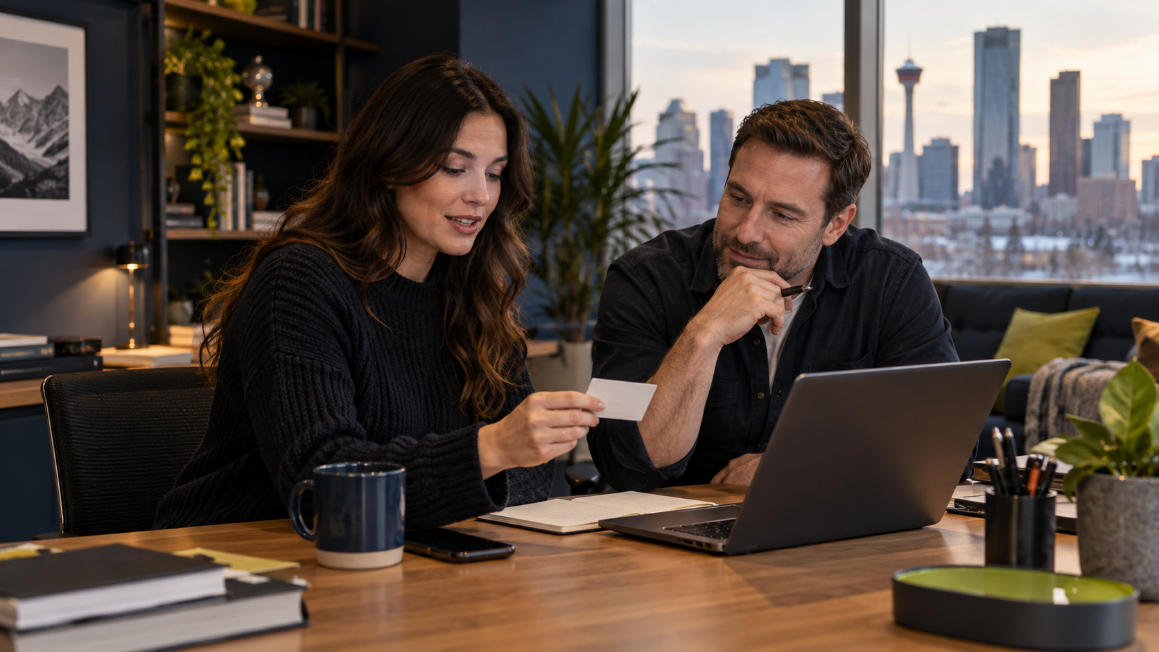 Two colleagues reviewing an appointment card beside a laptop. Two colleagues reviewing an appointment card beside a laptop.