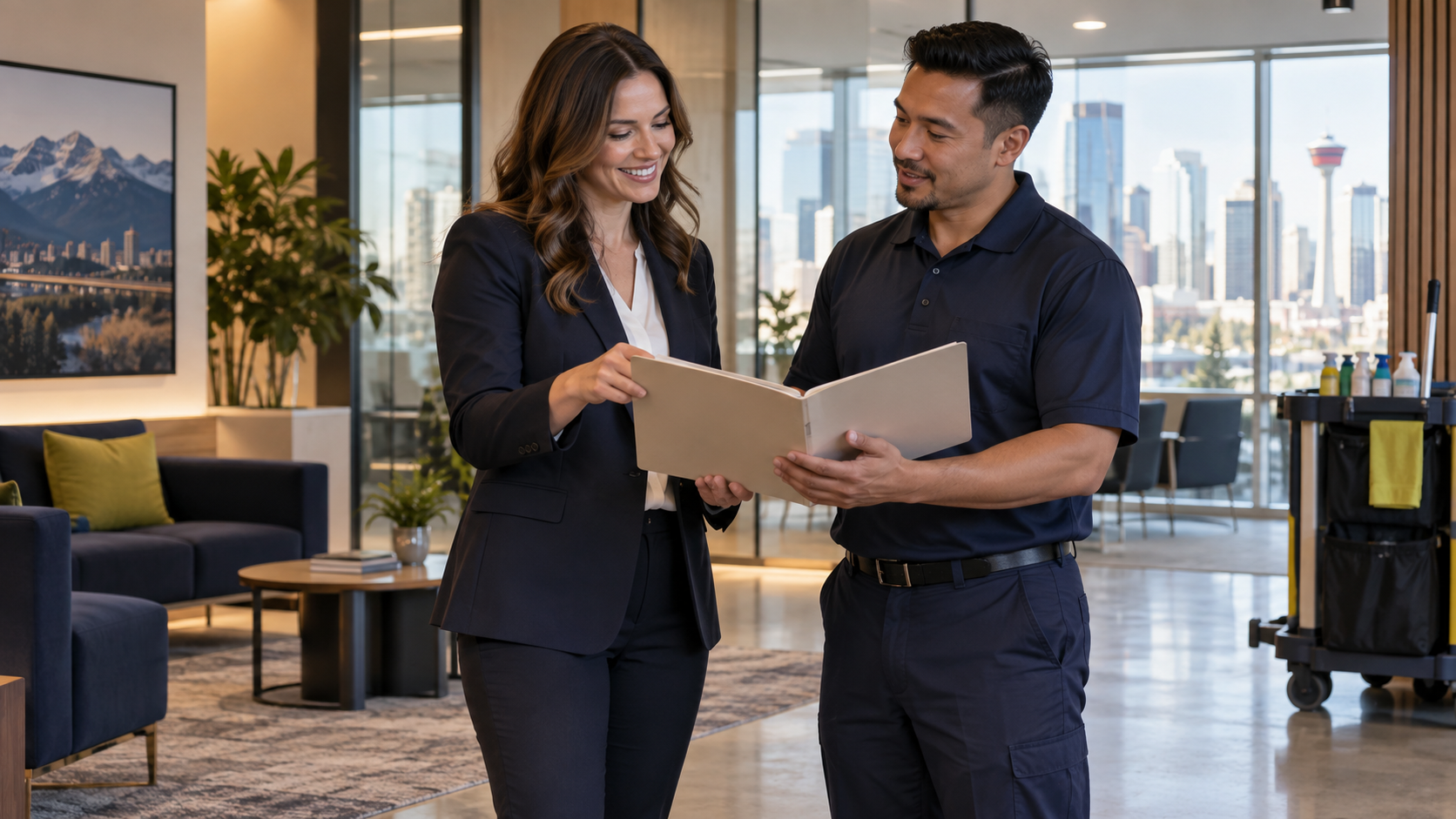 Customer and service professional reviewing a handover folder together.