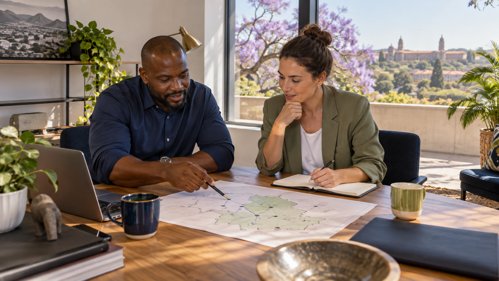 Two business colleagues planning service coverage in a sunlit office.