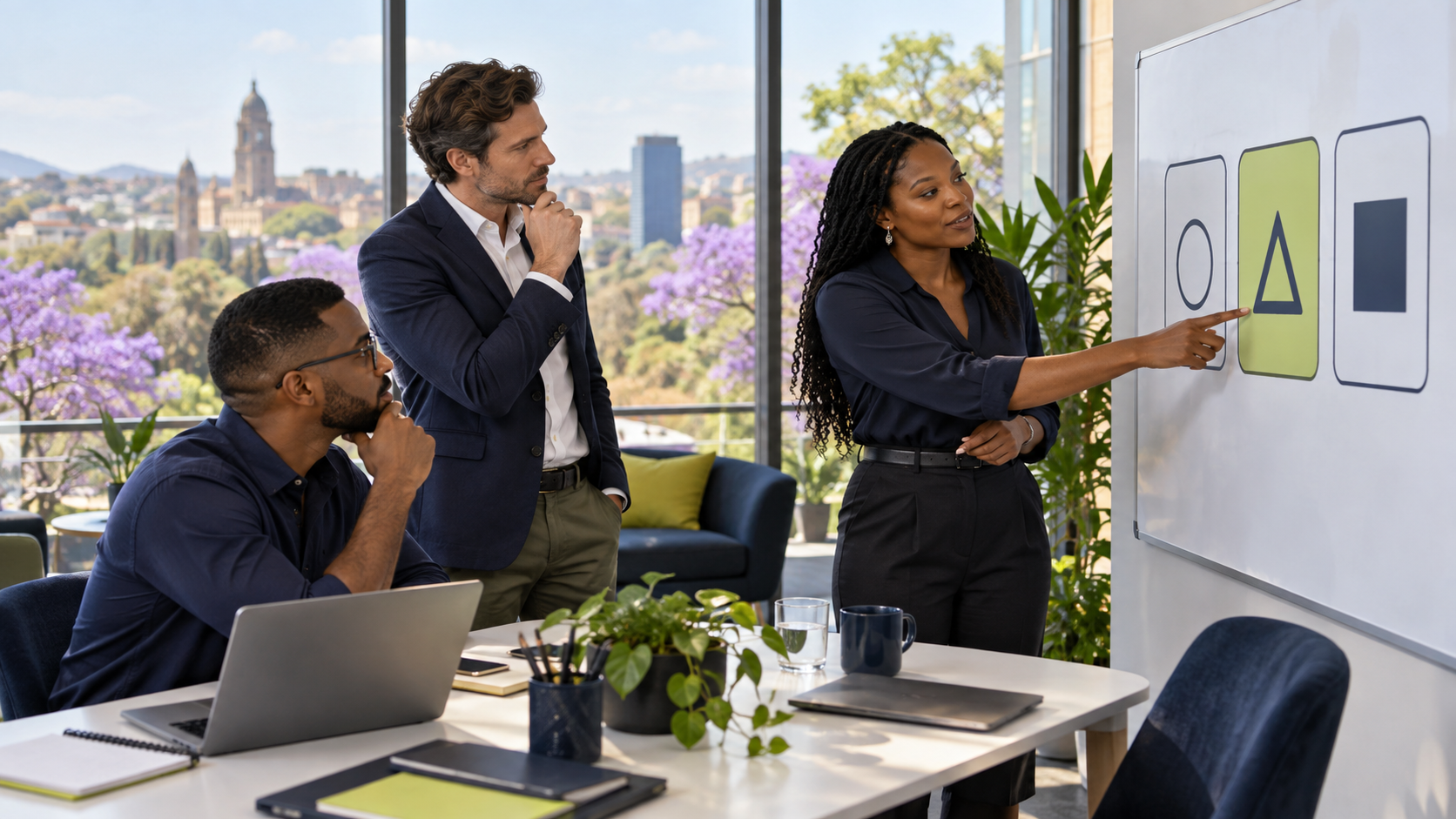 Business team discussing a focused service offer at a whiteboard.