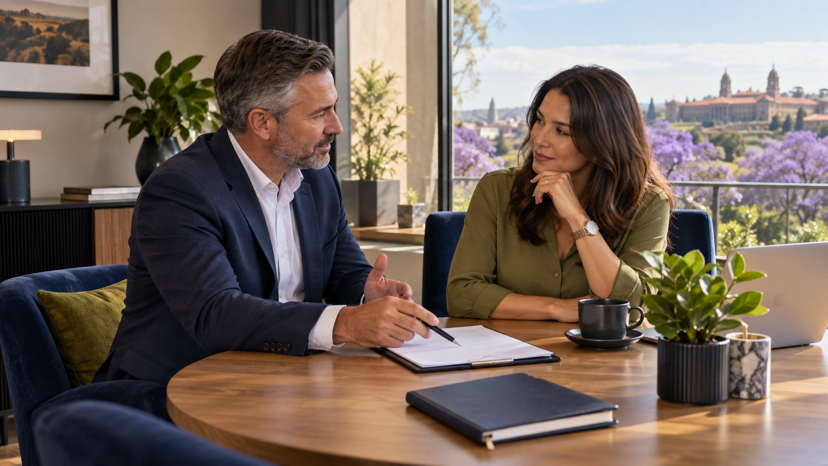 Adviser and business owner discussing a preparation checklist at a consultation table.
