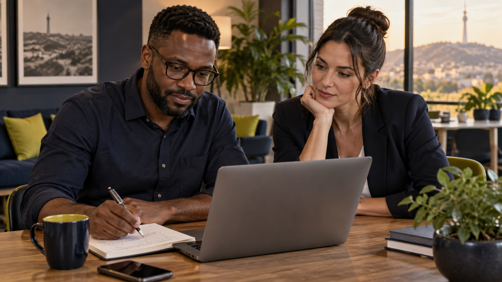 Business owner reviewing customer feedback while a colleague listens. Business owner reviewing customer feedback while a colleague listens.