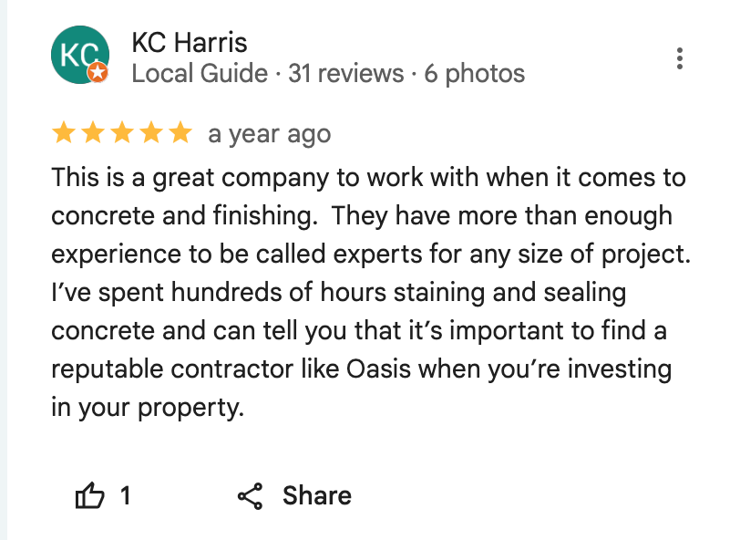 Google review — Oasis Hardscape LLC