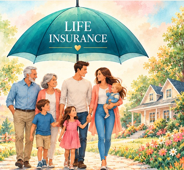Parents, grandparents and children, including a baby, together beneath a teal life-insurance umbrella in a sunny watercolor landscape