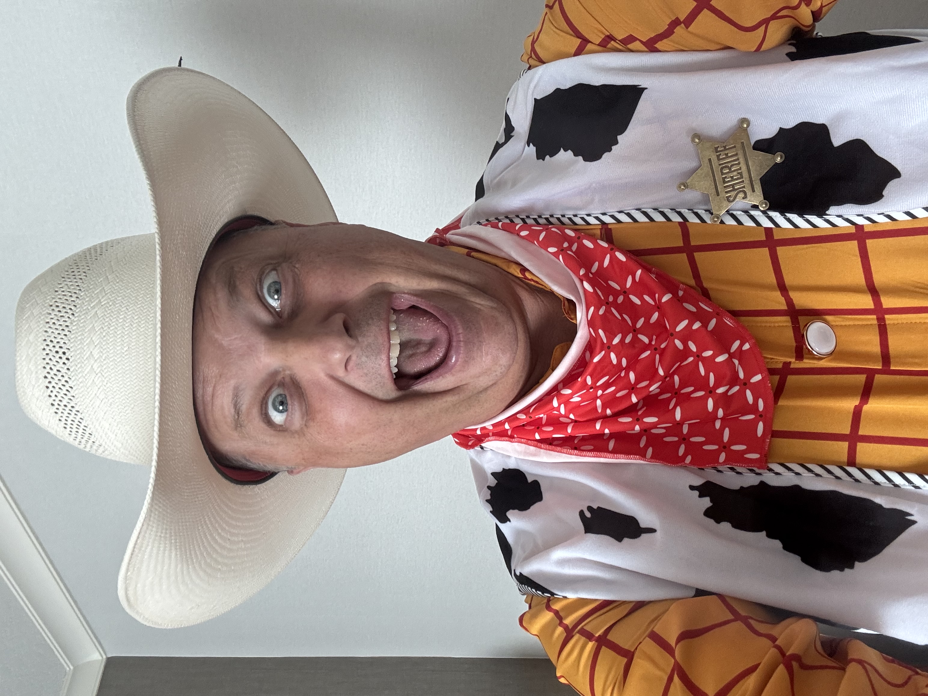 Sherif Woody Pride costume from Toy Story, white cowboy had, yellow checkered shirt sheriff bade