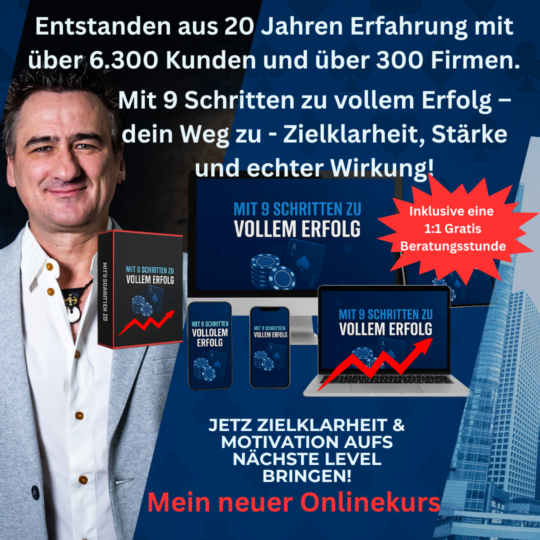 Bild von Ralph mit Werbung für seinen Onlinekurs: Die 9 Schritte zu vollem Erfolg