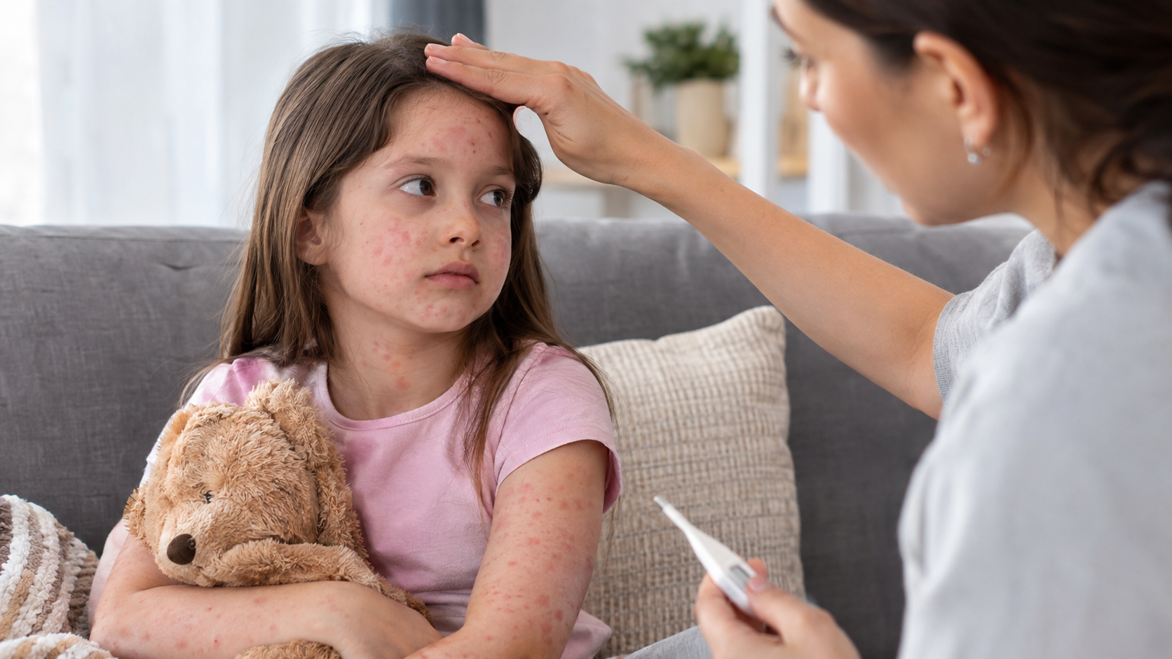 Child with a measles rash being evaluated by a healthcare provider