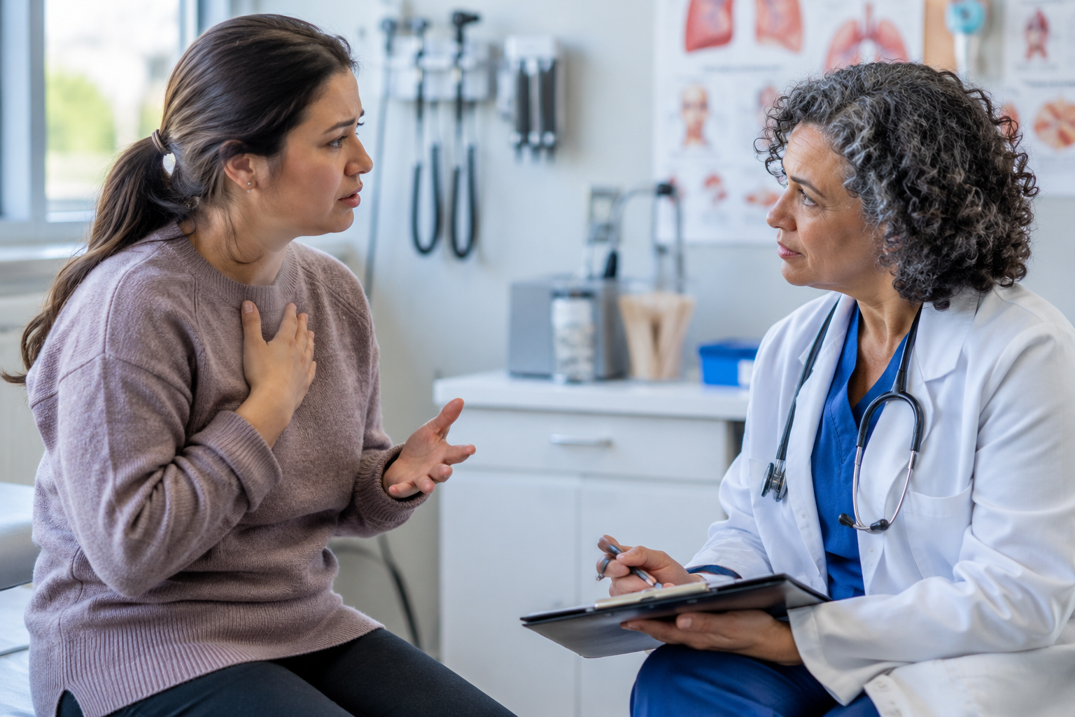 Patient discussing flu, COVID-19, and RSV symptoms with a healthcare provider Patient discussing flu, COVID-19, and RSV symptoms with a healthcare provider