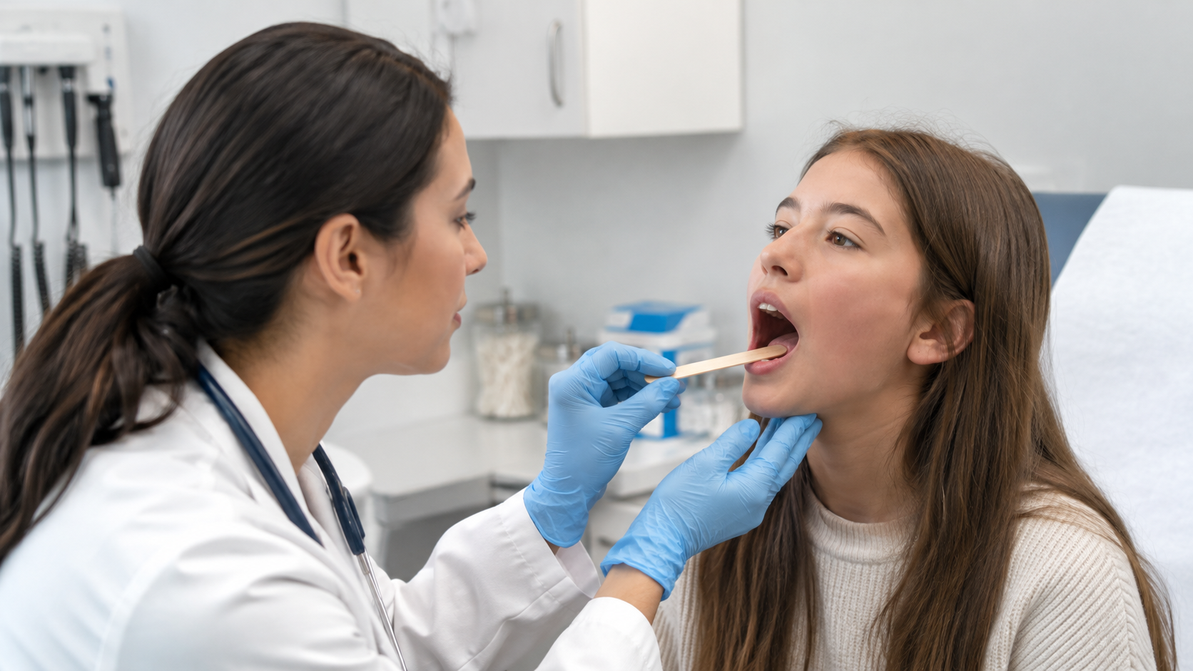 Patient receiving a throat examination from a healthcare provider for possible strep throat