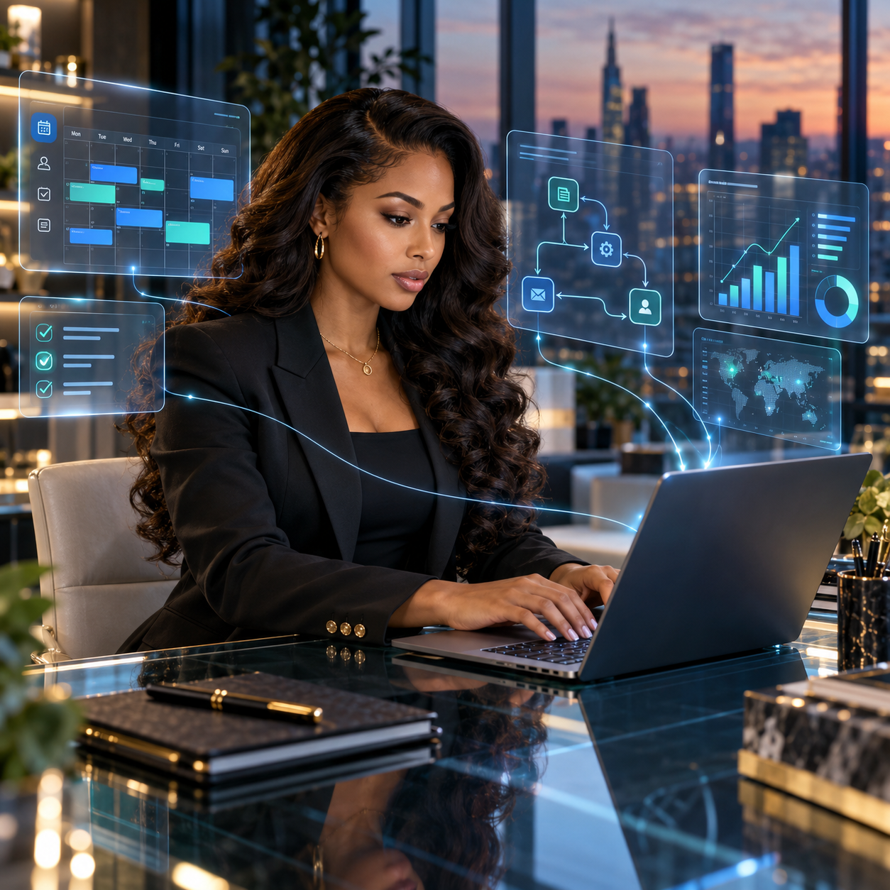 A businesswoman with long barrel curls typing at a glass desk, surrounded by blue and mint holographic schedules, workflows, and analytics