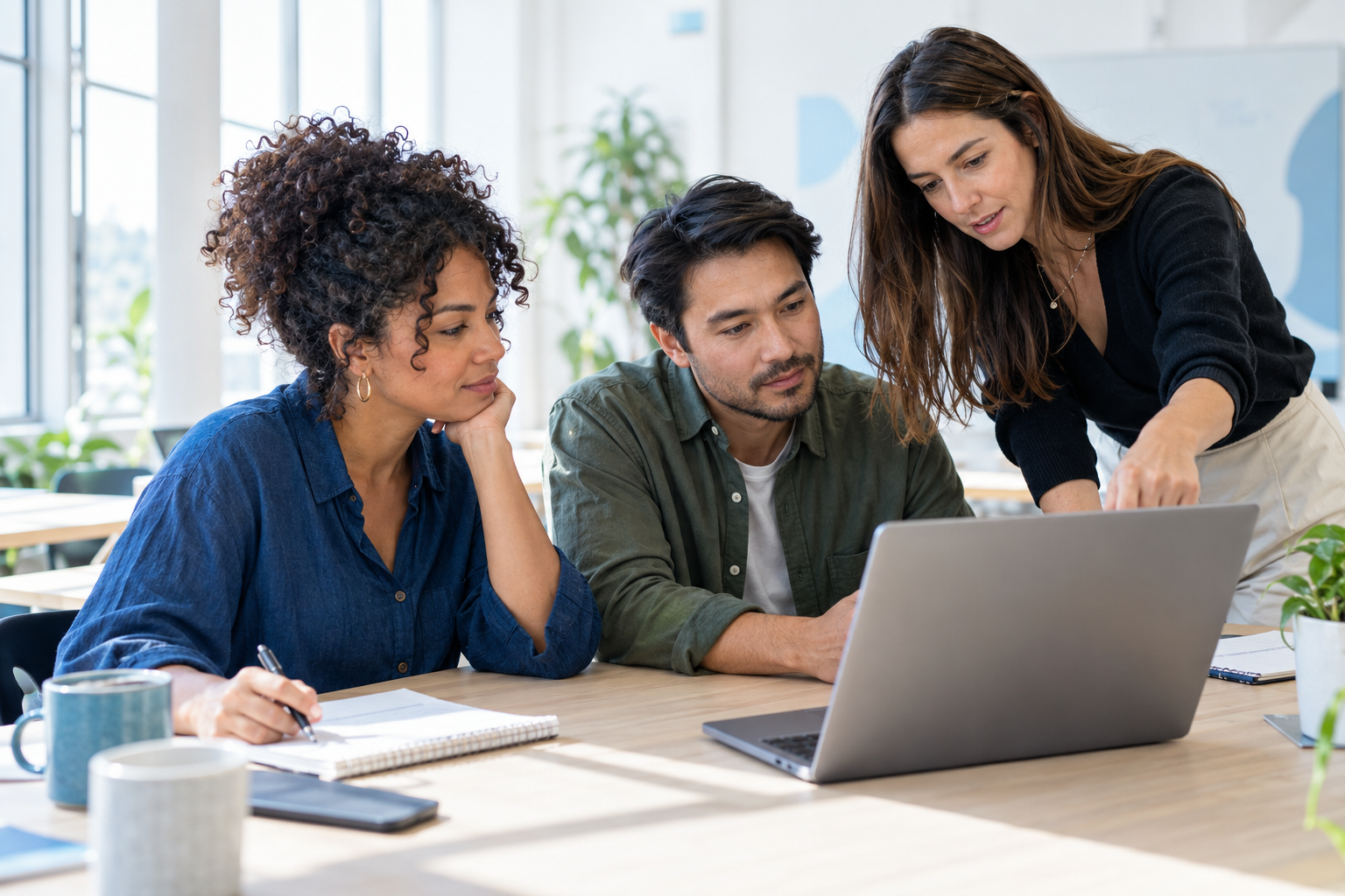A diverse group of business owners working with an AI trainer around a laptop