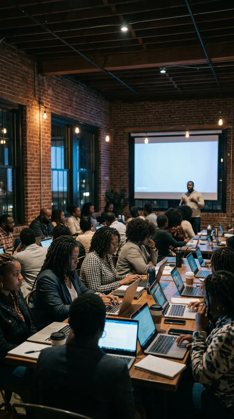 A packed AI for Business workshop of entrepreneurs working on laptops in an Atlanta loft