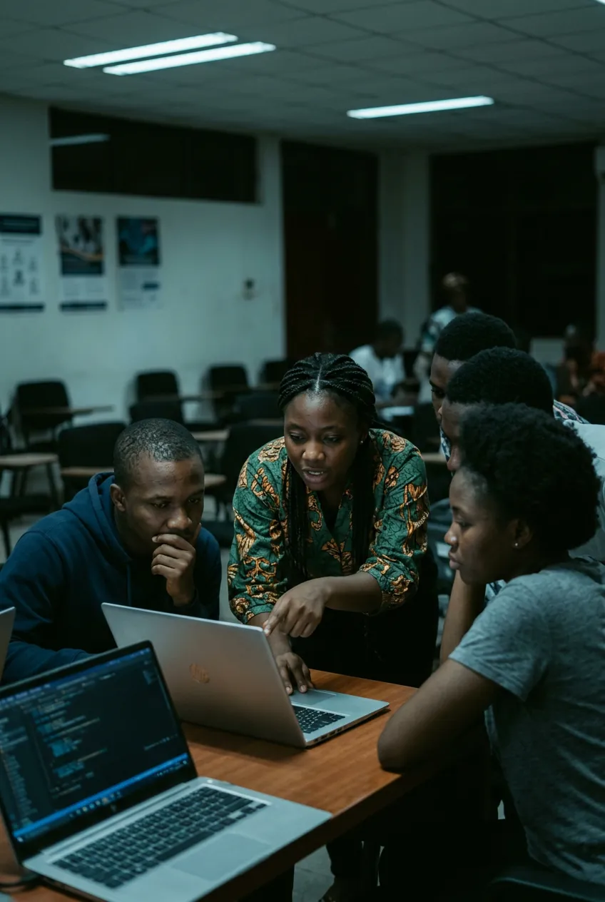 University of Ghana students building together on laptops during a hands-on AI workshop