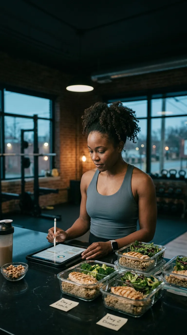 Nutrition coach reviewing an automated meal plan on a tablet beside prepped client meals