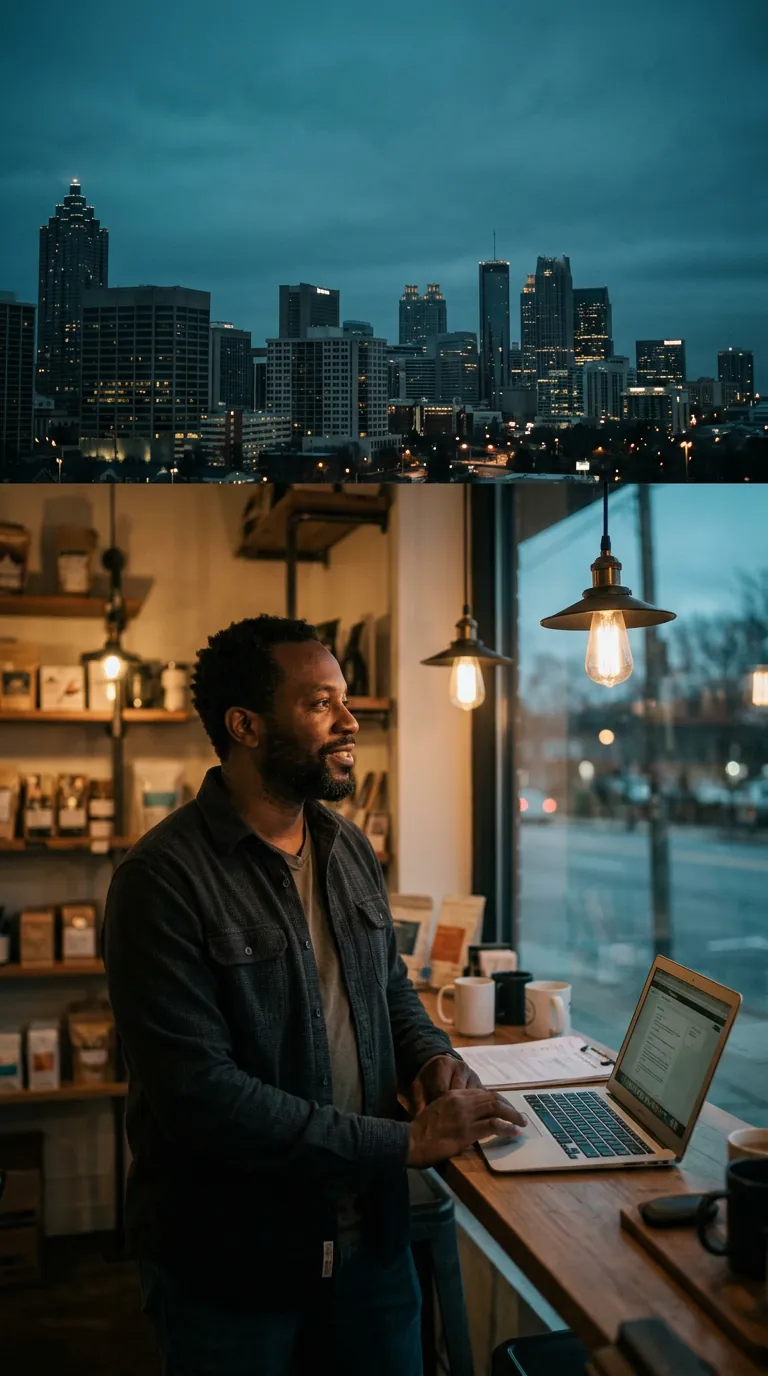 Atlanta small business owner in his storefront at dusk with the Midtown skyline behind him