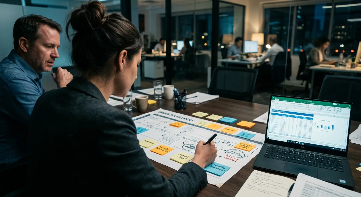 Consultant mapping a company workflow with sticky notes during an AI audit
