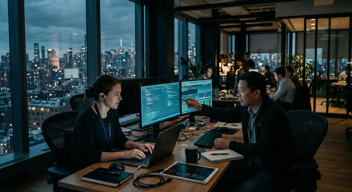 Embedded engineers working alongside a client team at dusk