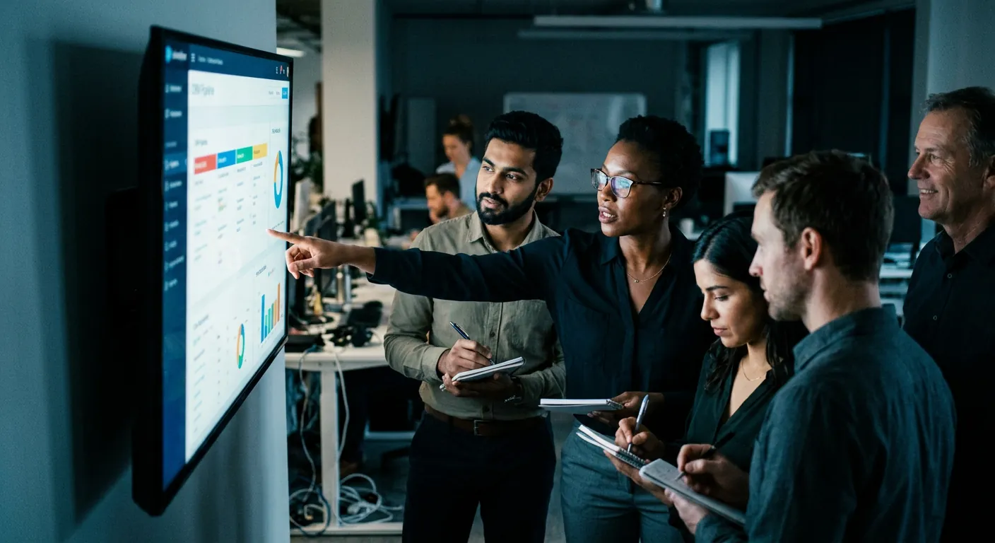 Team reviewing a live CRM pipeline dashboard during a system launch