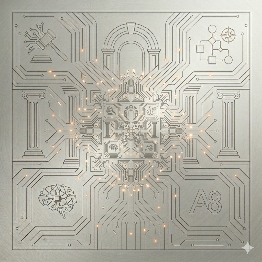 Classical legal columns connected by fine circuit lines, symbolizing the connection between law and technology