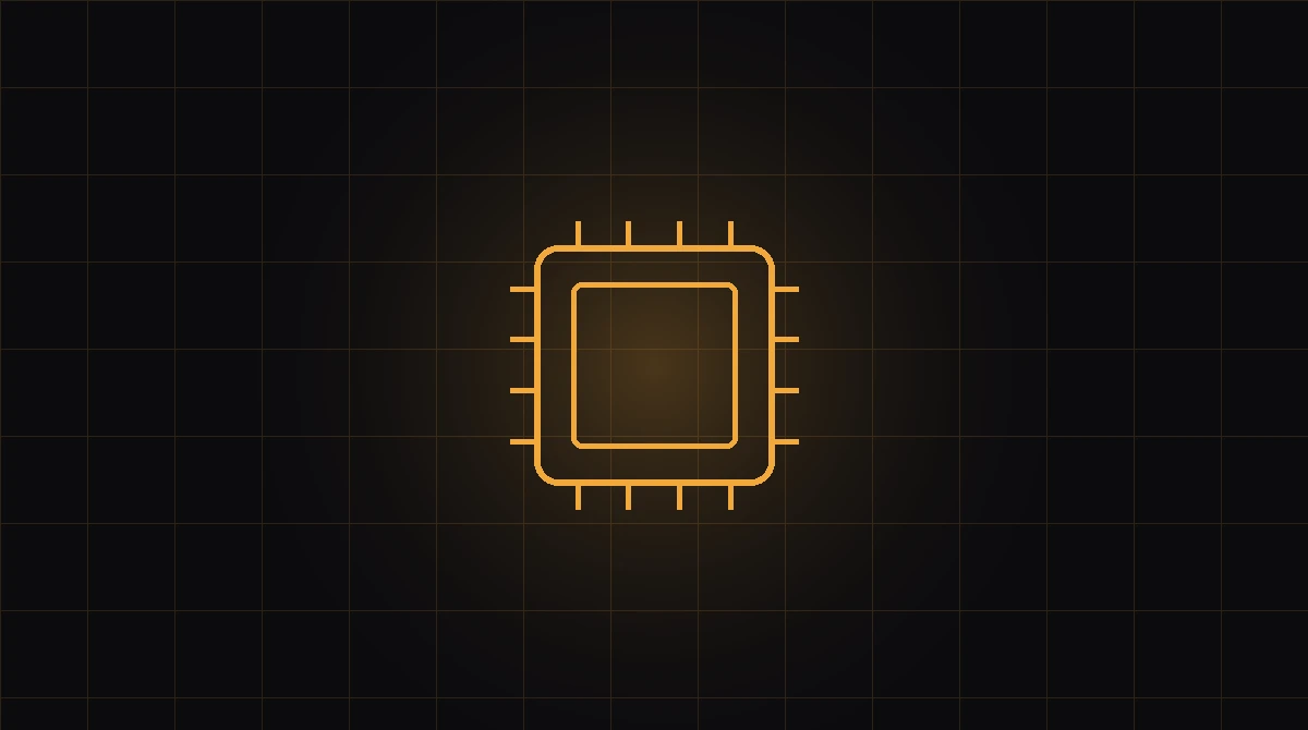 An orange outline of a computer chip in the centre of a dark grid background