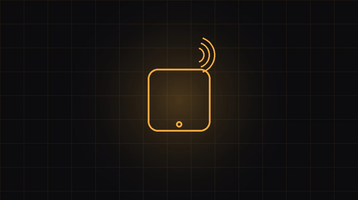 A gold phone outline with signal waves on a dark grid background