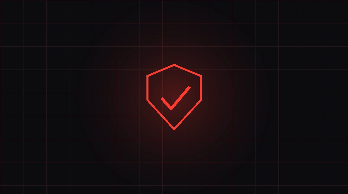 A red shield with a tick on a dark grid background