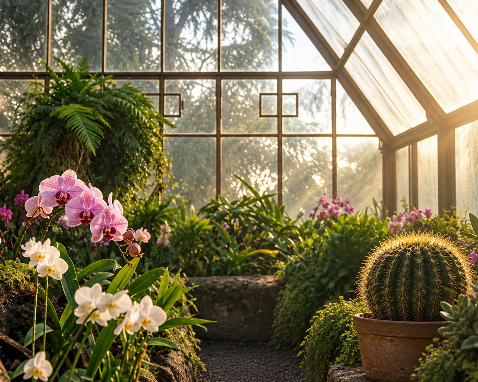 Orchids flourishing inside an old glasshouse in warm afternoon light.