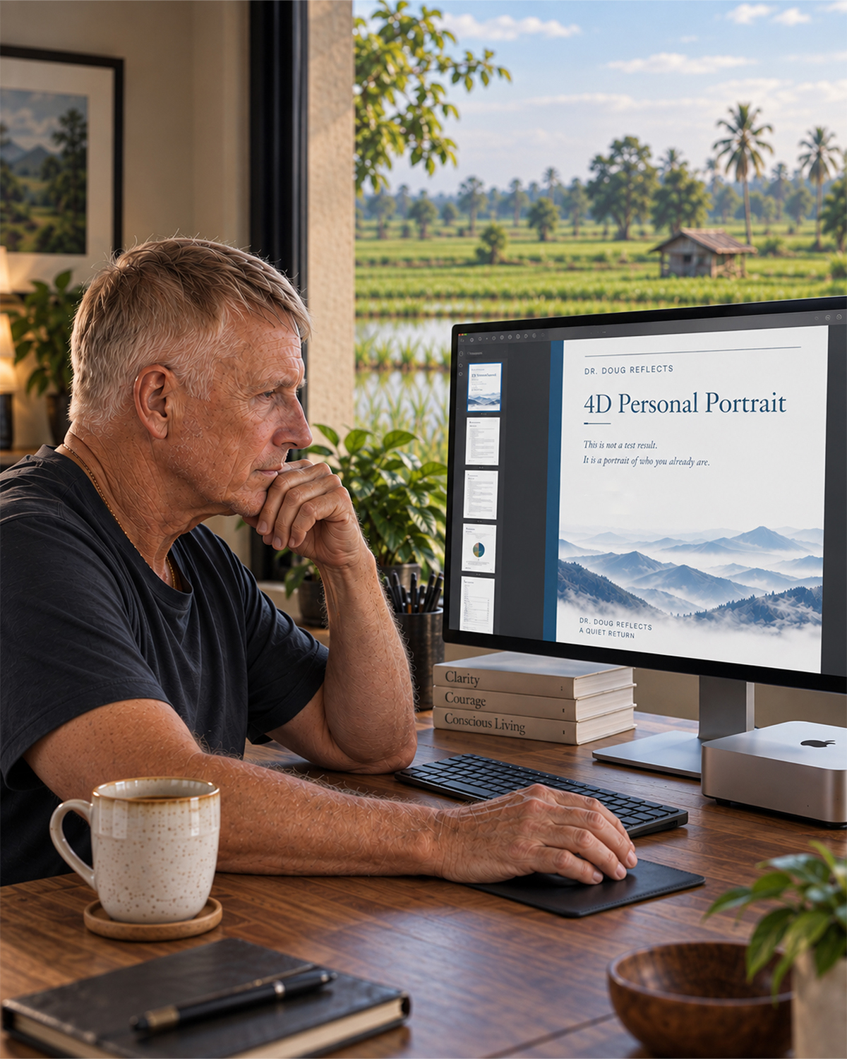 Doug at his desk in Thailand, a 4D Personal Portrait open on the screen, rice fields beyond the window.