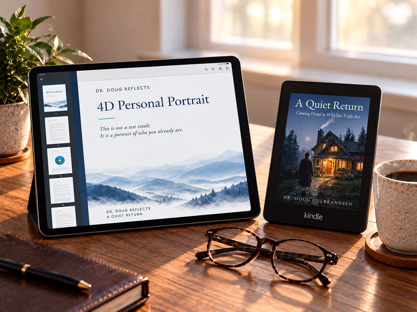 A 4D Personal Portrait open on a tablet beside A Quiet Return on a Kindle, on a wooden table with reading glasses and coffee.
