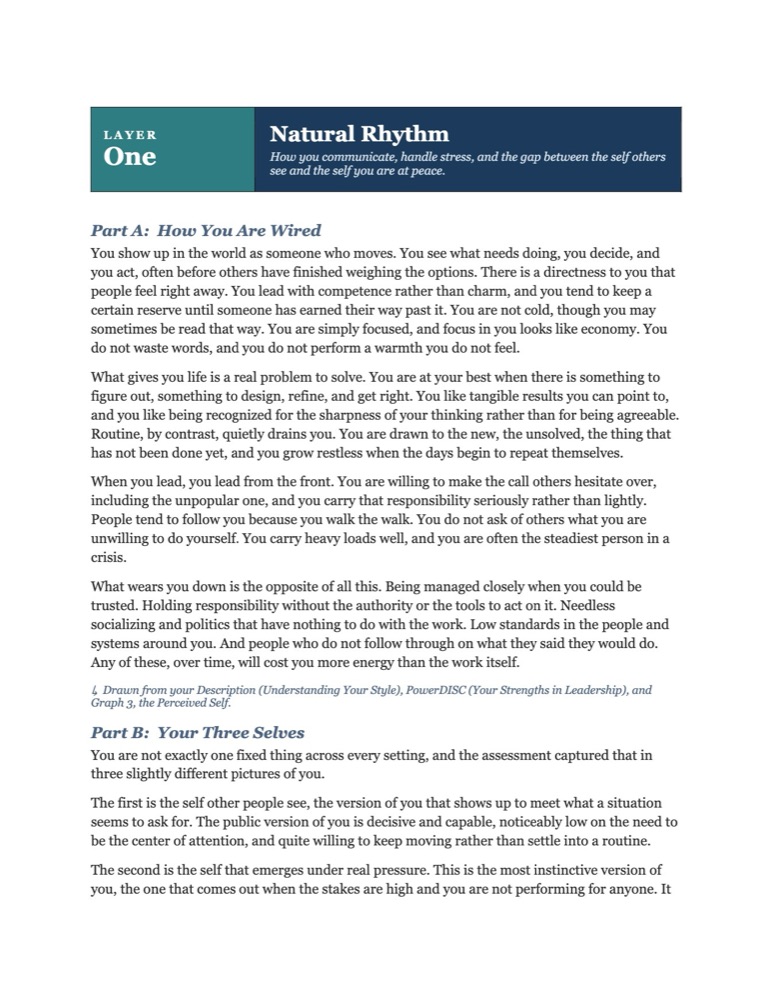 A page from a Portrait: Layer One, Natural Rhythm, describing how the person is wired.