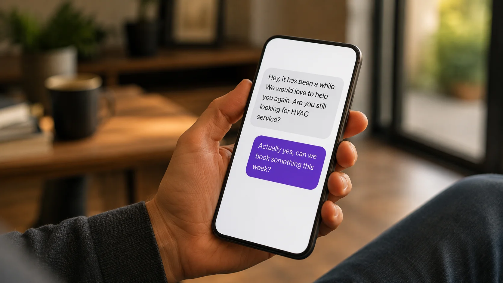 Business owner receiving an AI-powered SMS reactivation message from a local service company on their smartphone Business owner receiving an AI-powered SMS reactivation message from a local service company on their smartphone