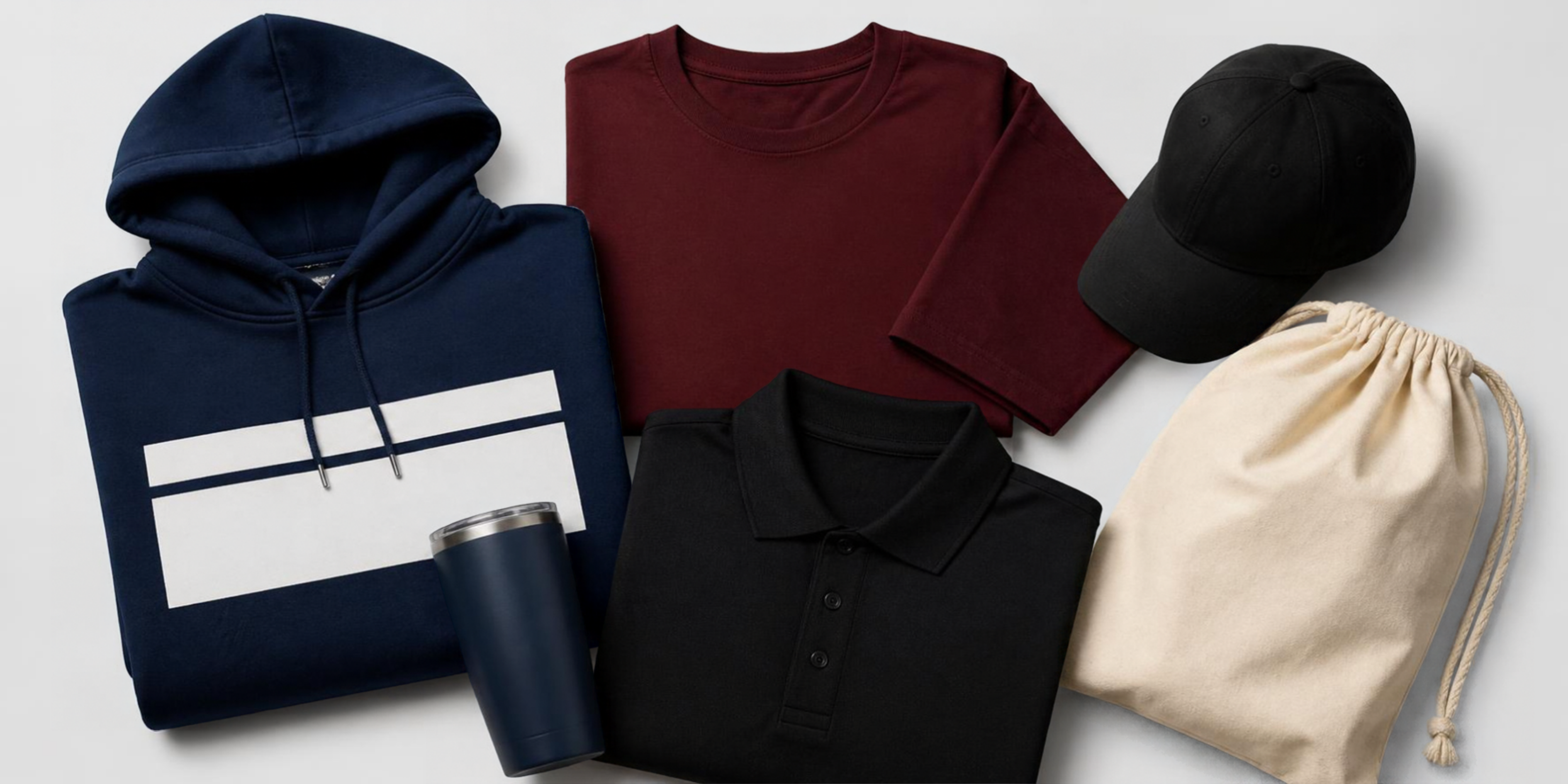 Studio flat lay of a curated custom apparel kit (navy hoodie, maroon t-shirt, black polo, black cap, navy tumbler, canvas drawstring bag) on a light grey background