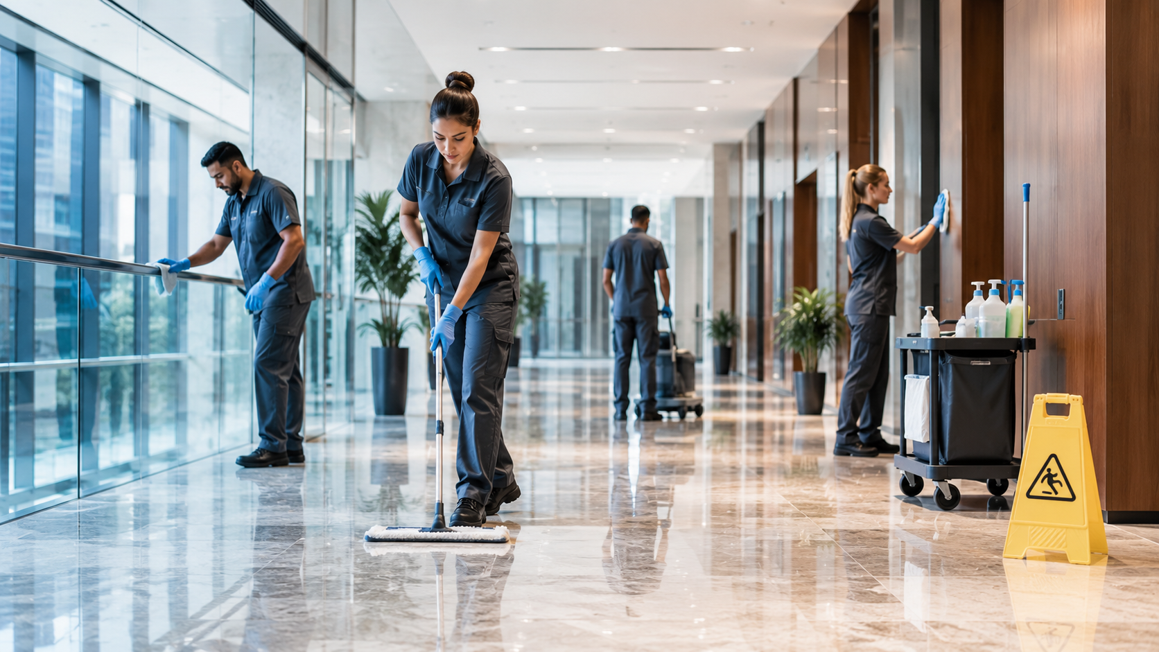 Commercial cleaning crew in office building