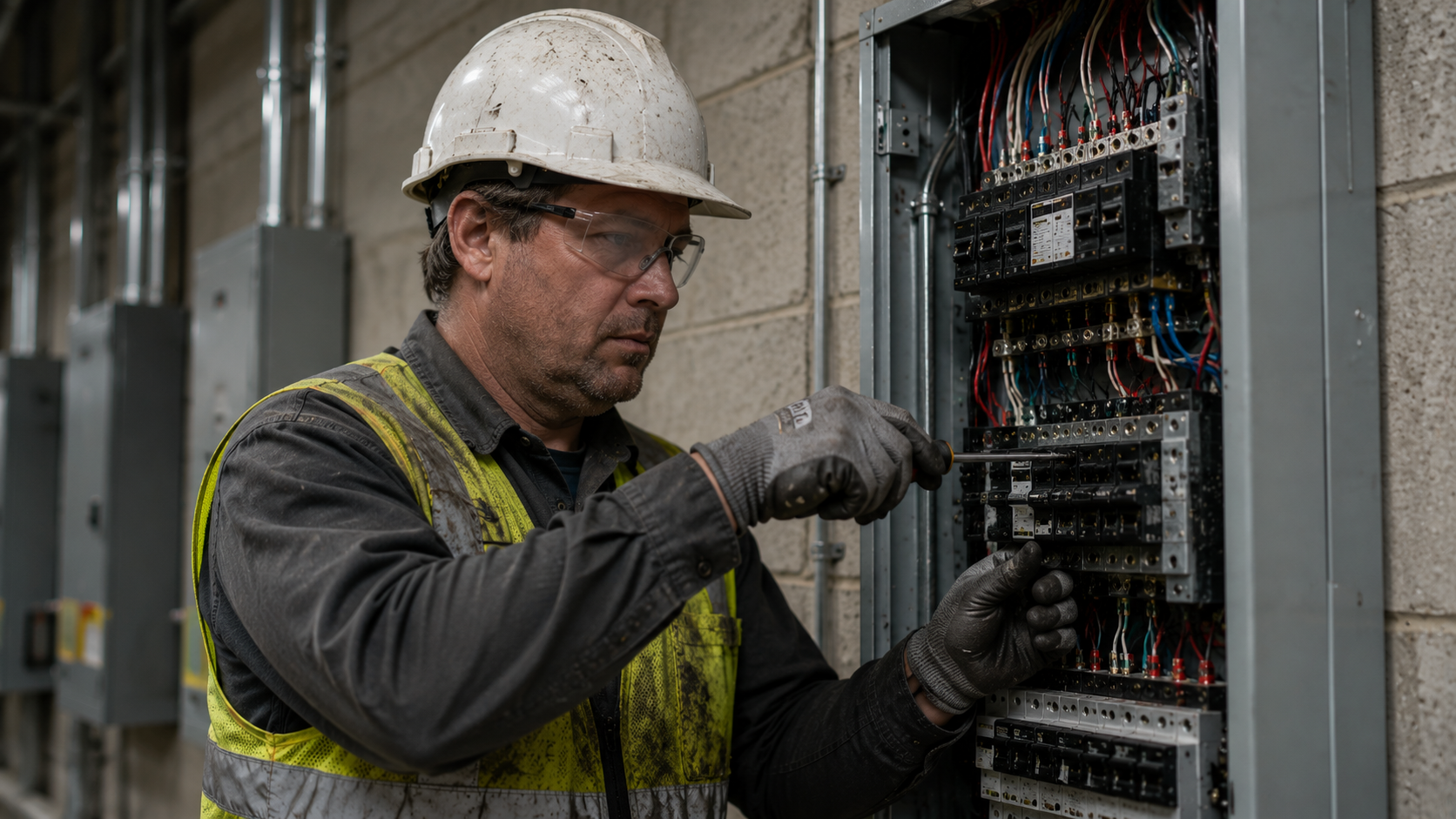 Electrician installing commercial panel