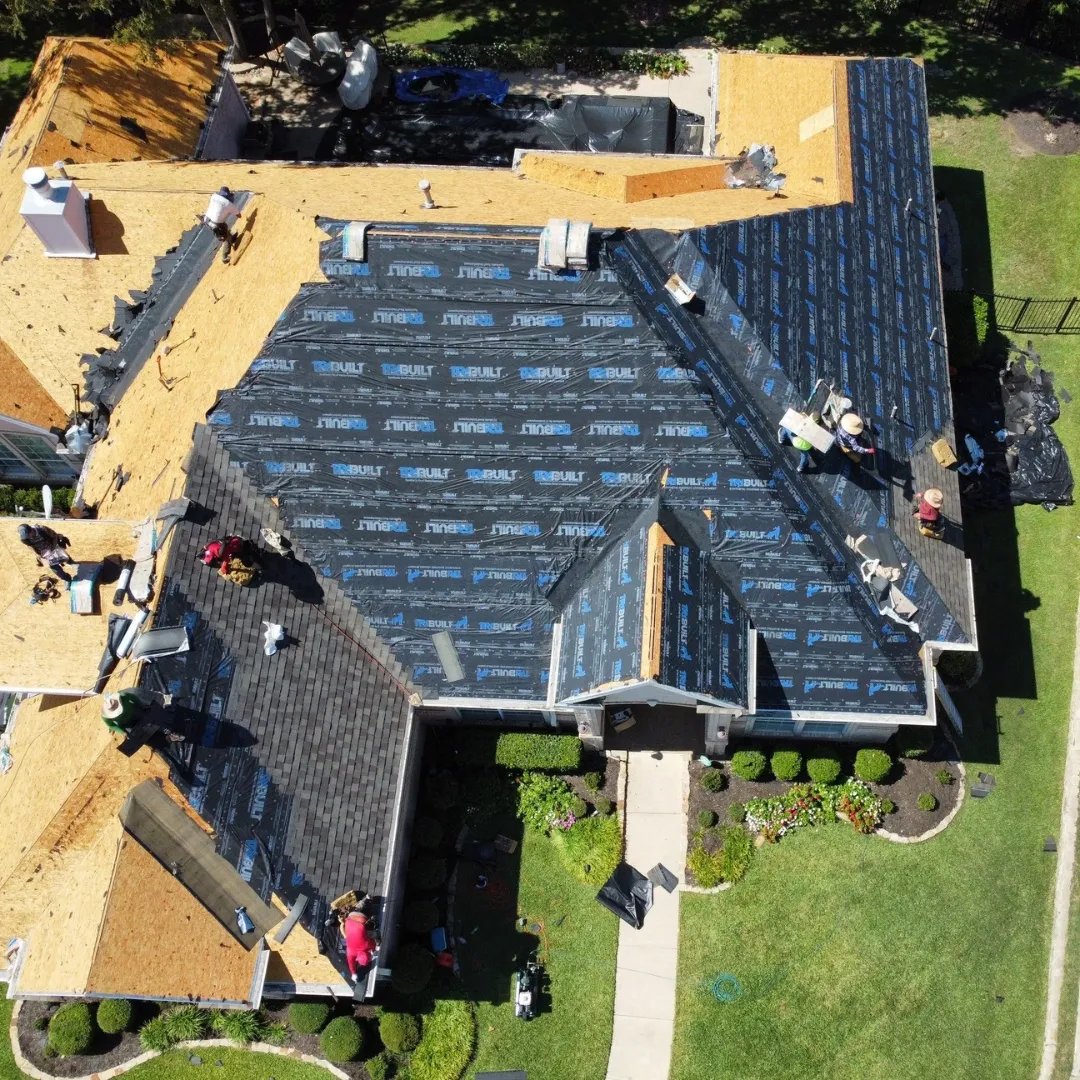 Aerial view of roofing work