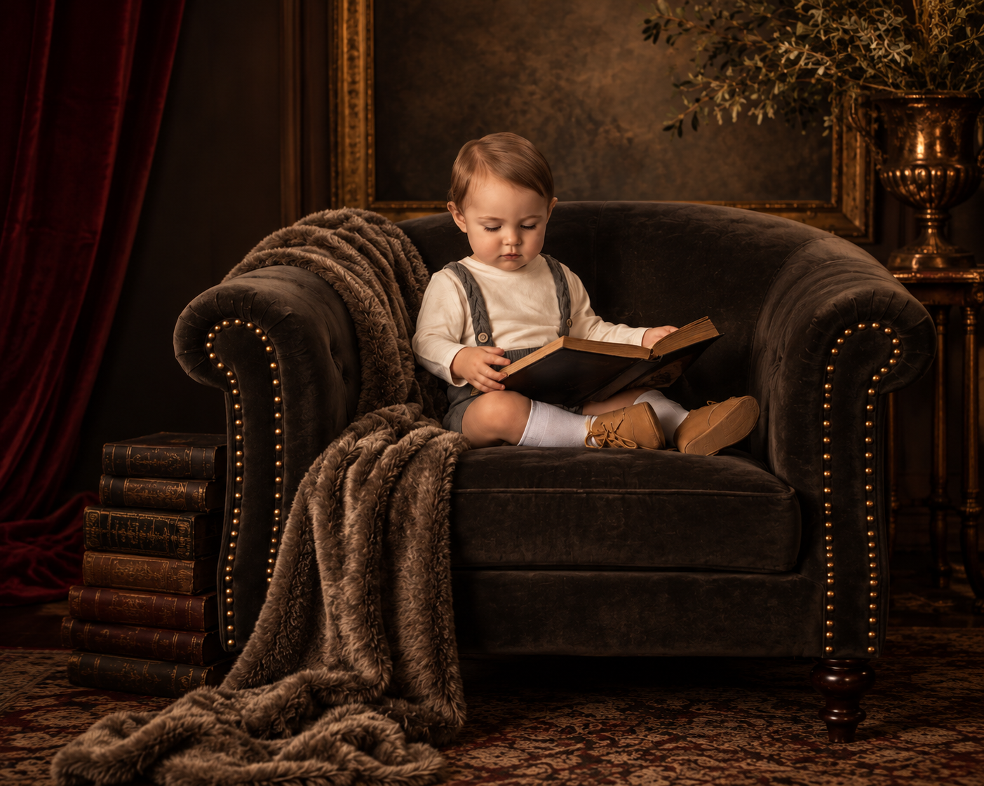 Toddler reading in a velvet armchair beside a stack of antique books