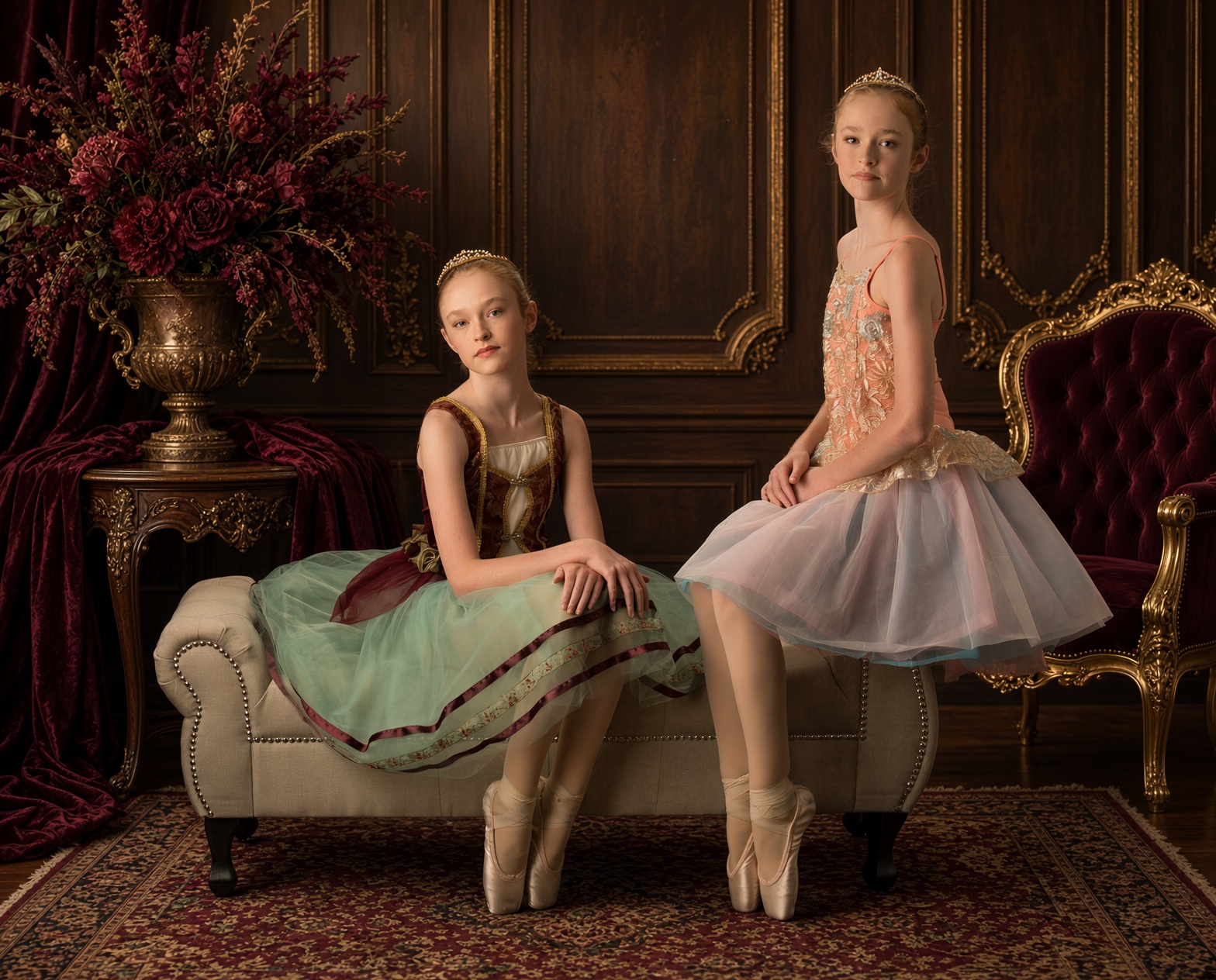 Two young ballerinas seated in a paneled salon