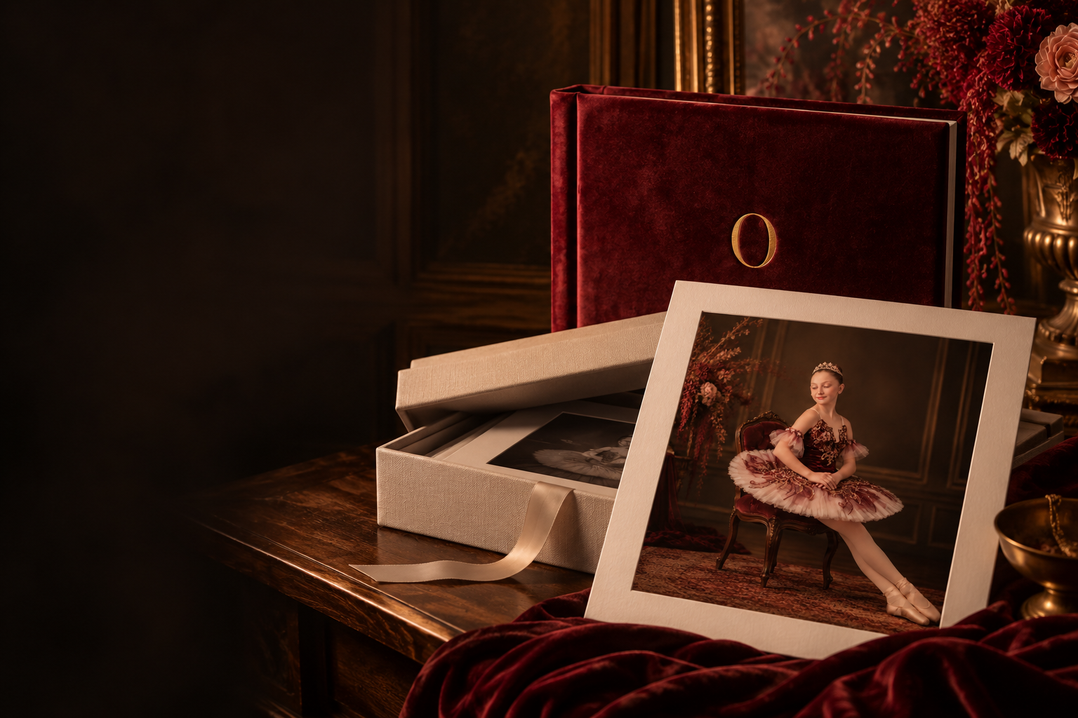 Oxblood velvet album with a brass O monogram, an ivory linen folio box and a matted portrait