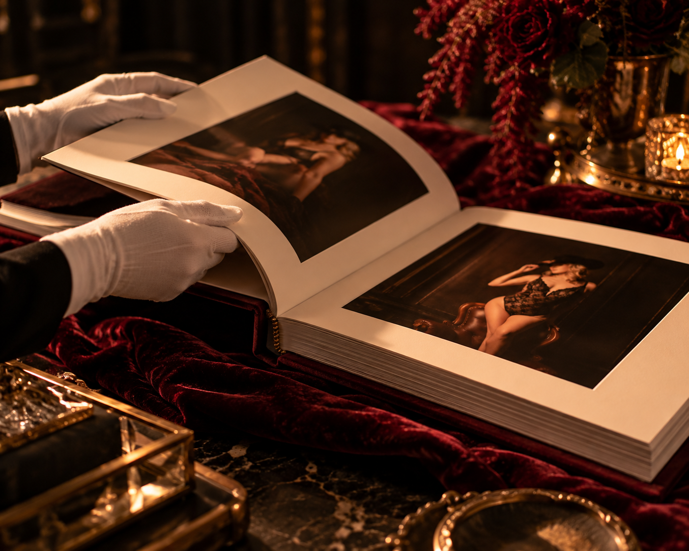 Gloved hands turning the pages of a portrait album on oxblood velvet