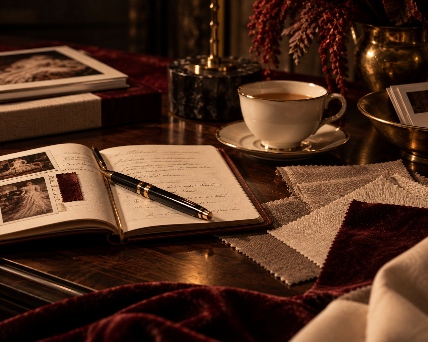 Consultation notes, fountain pen, tea and fabric swatches on a walnut desk