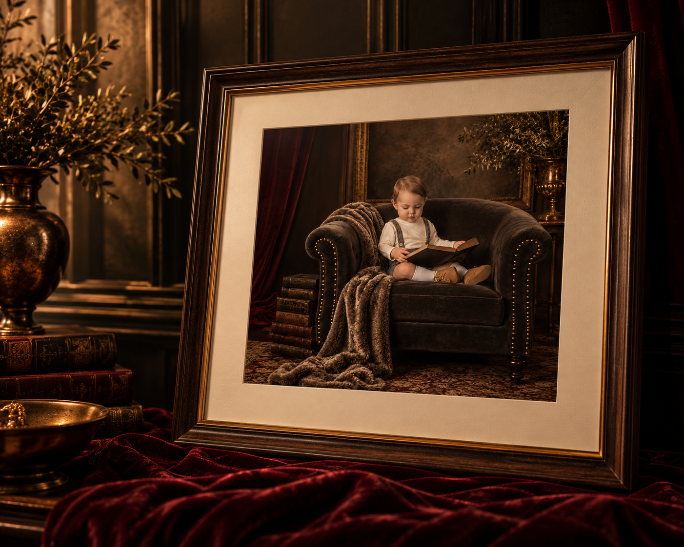 Framed portrait of a toddler reading in a velvet armchair, on oxblood velvet