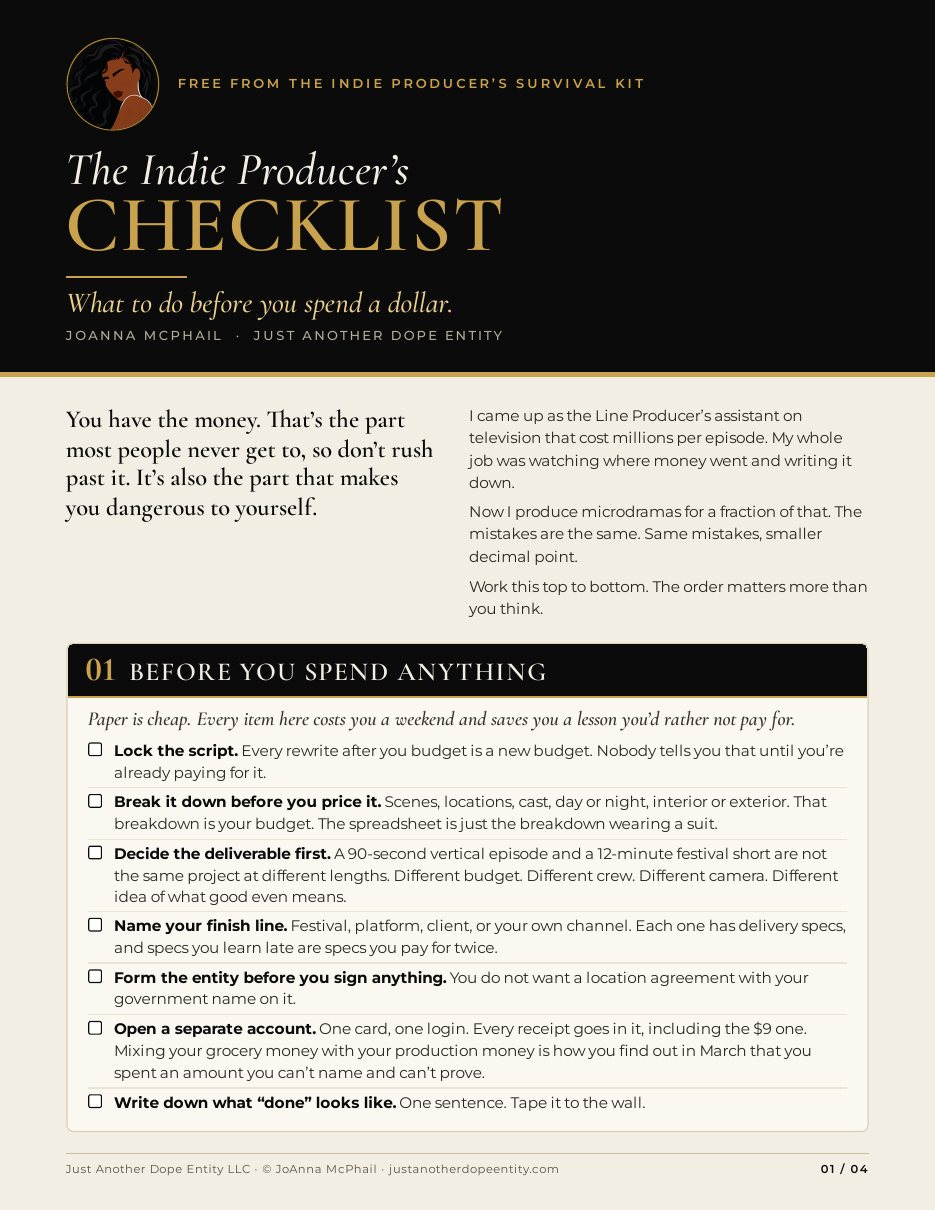 Page 1 of The Indie Producer's Checklist by JoAnna McPhail, black and gold